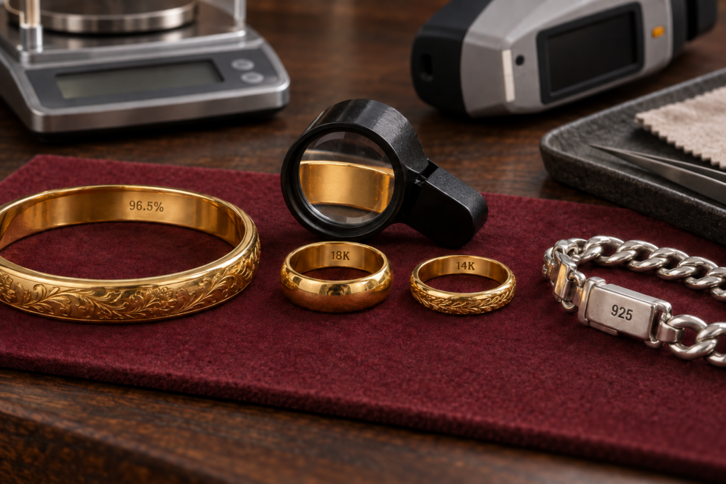 กำไลทองตรา 96.5 เปอร์เซ็นต์ แหวนตรา 18K และ 14K กับสร้อยเงินตรา 925 ข้างแว่นขยาย